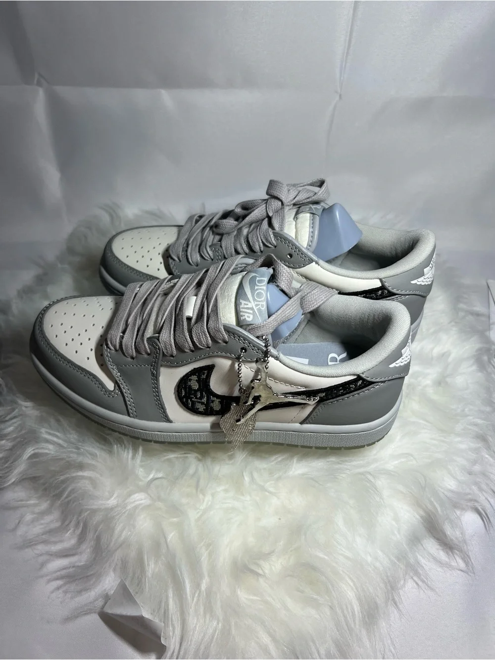 Jordan Low Top Sneaker — White & Light Gray with Black Monogram Swoosh